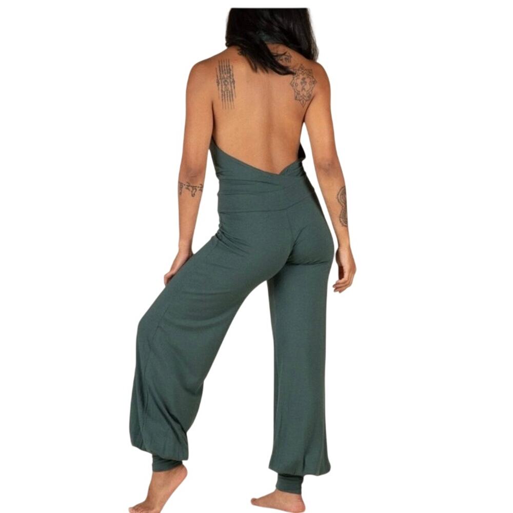 Aria Lattner Sz L NWT Cuffed Jumpsuit in Green Open Back Cowl Neck Bamboo